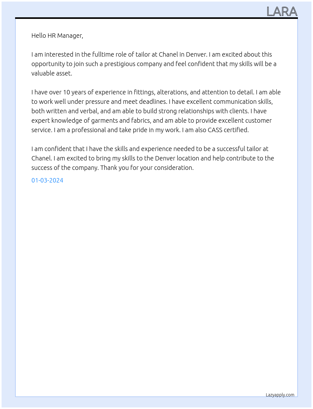 Tailor At Chanel Cover Letter