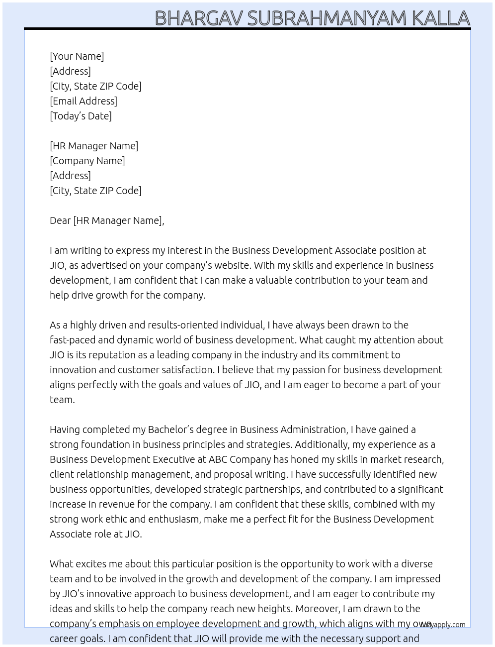 Business Development Associate At JIO Cover Letter