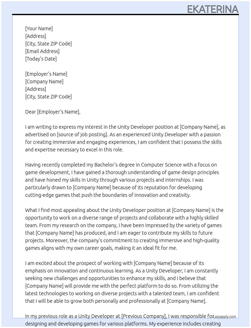 Unity Developer At - Cover Letter