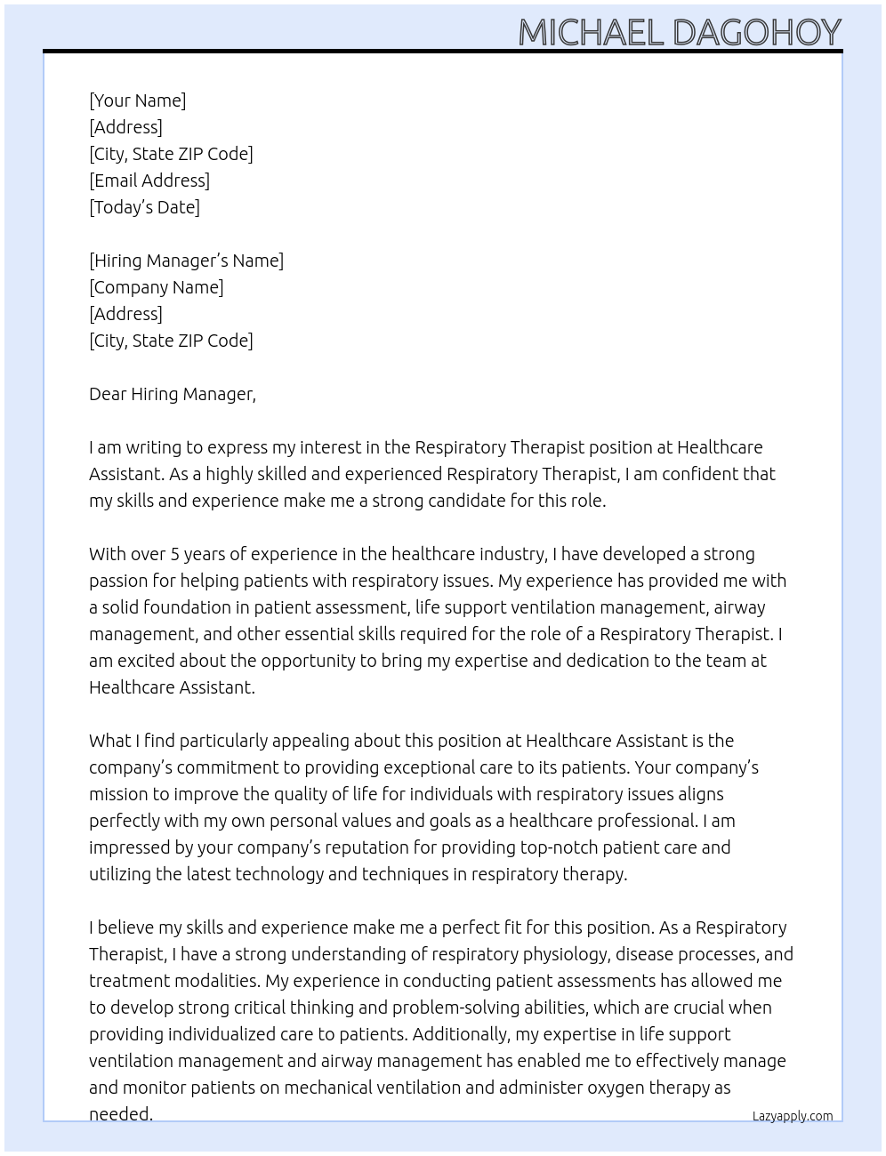 Respiratory Therapist At Healthcare Assistant Cover Letter