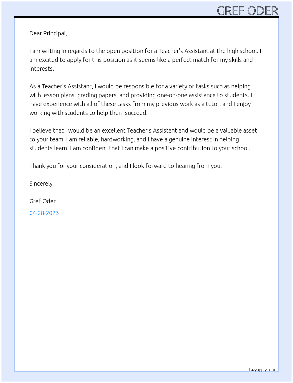 Teachers Assistant At high school Cover Letter