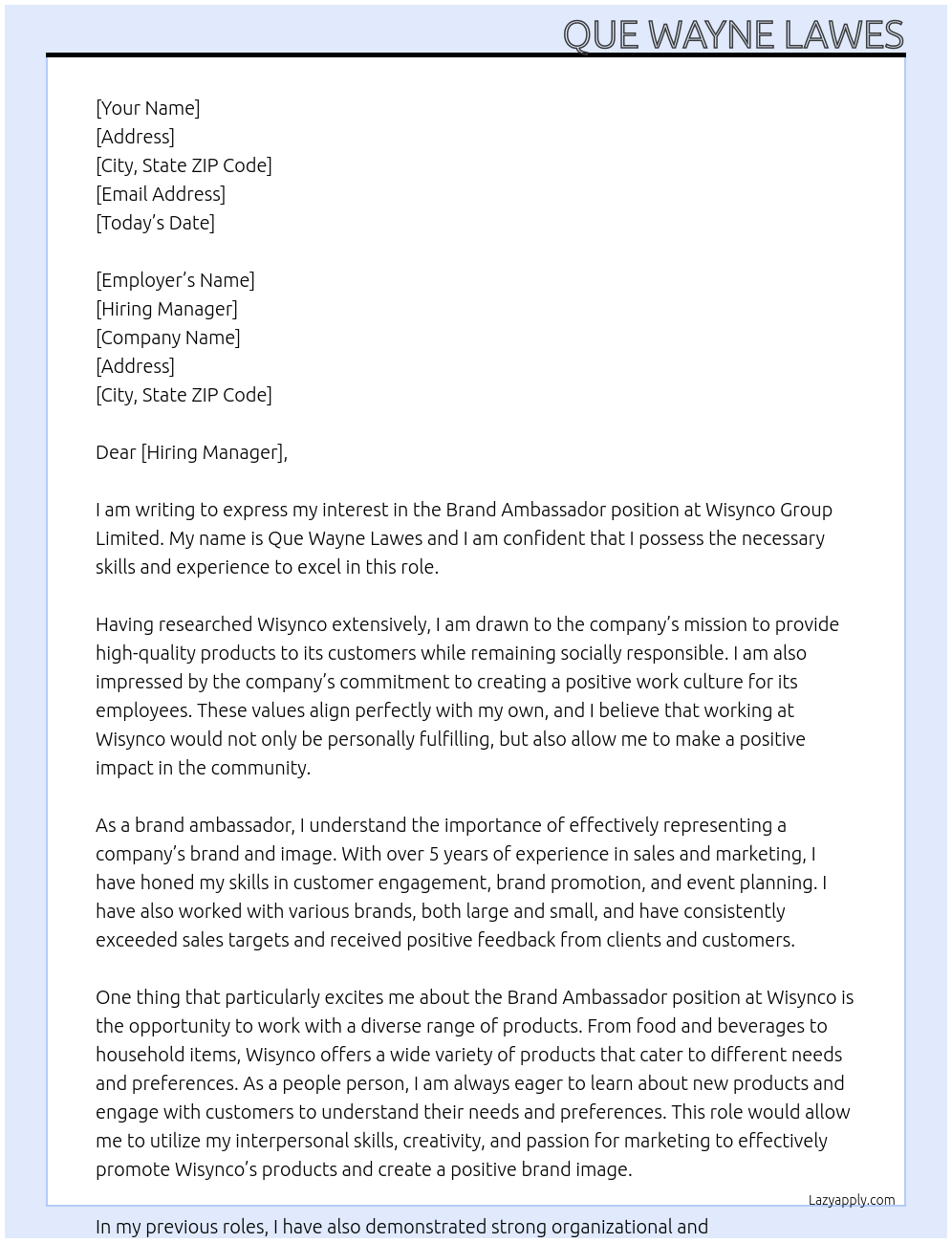 brand ambassador  At wisynco group limited Cover Letter