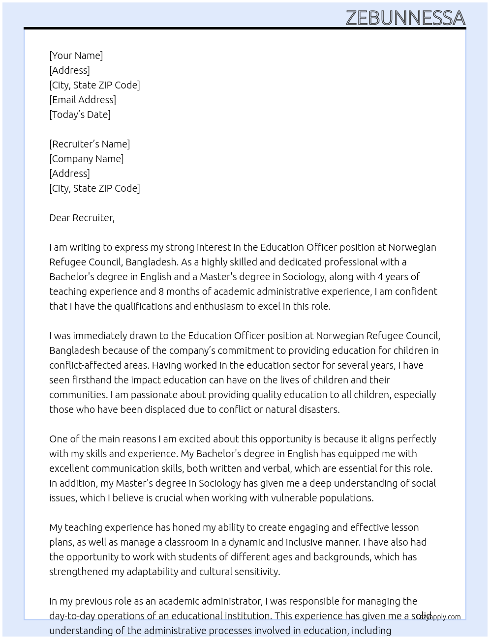 Education Officer At Norwegian Refugee Council, Bangladesh Cover Letter