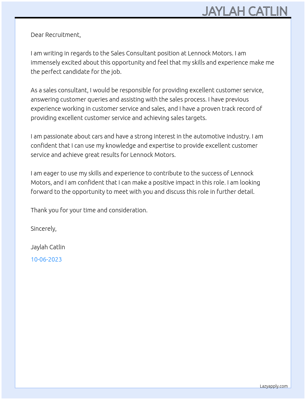 Sales consultant At Lennock motors Cover Letter