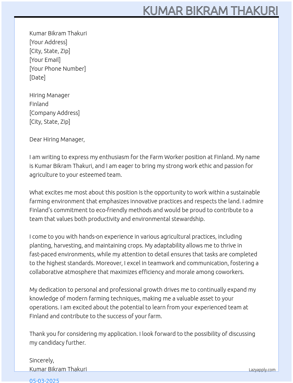 farm worker At finland Cover Letter