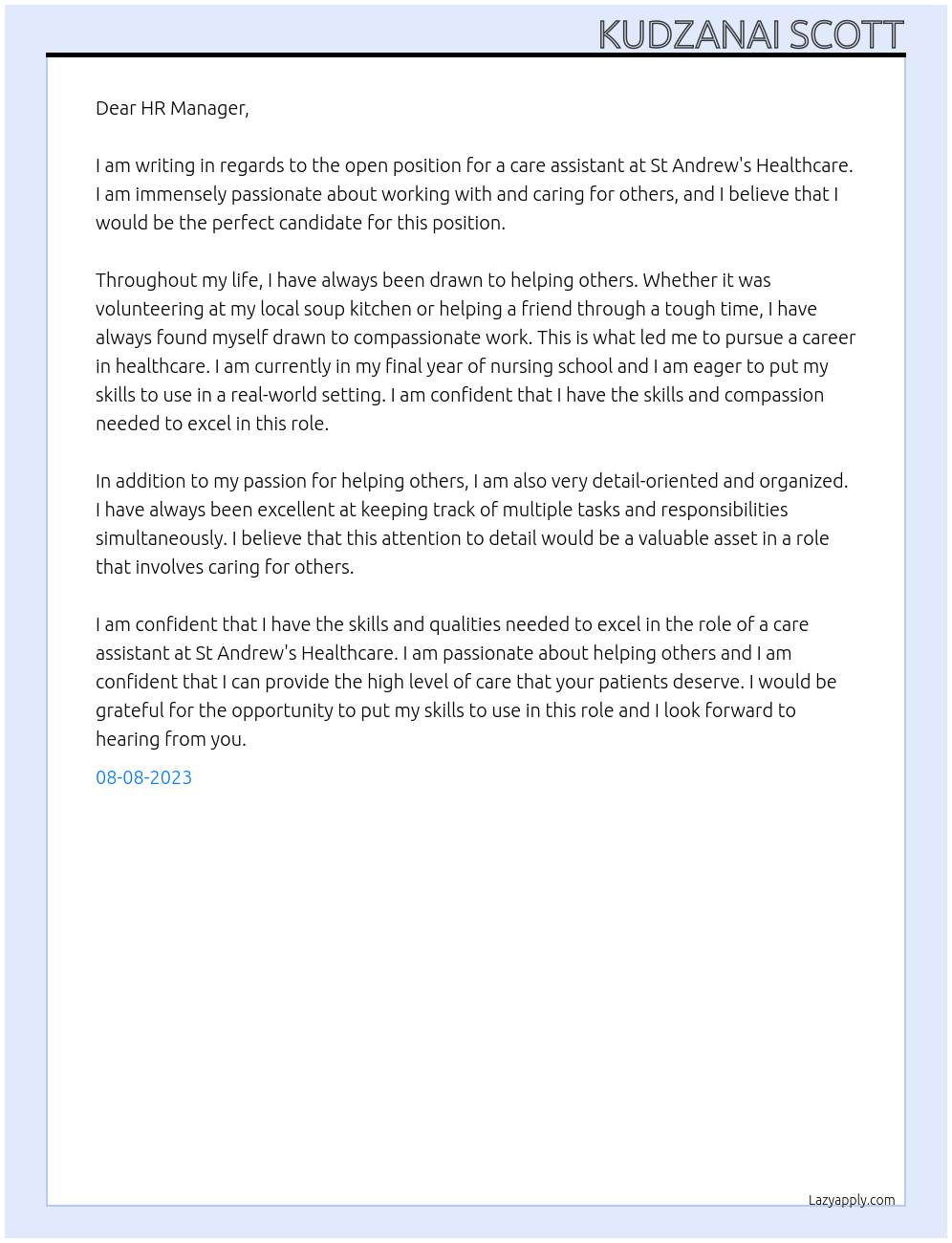 CARE ASSISTANT At St Andrew's Healthcare Cover Letter