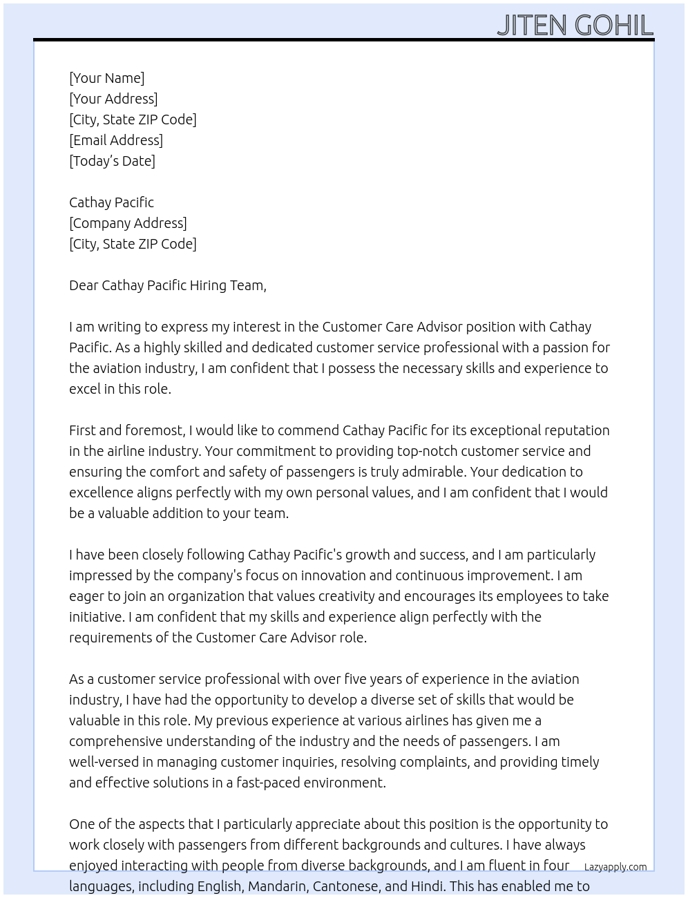 customer care advisor At cathay pacific Cover Letter