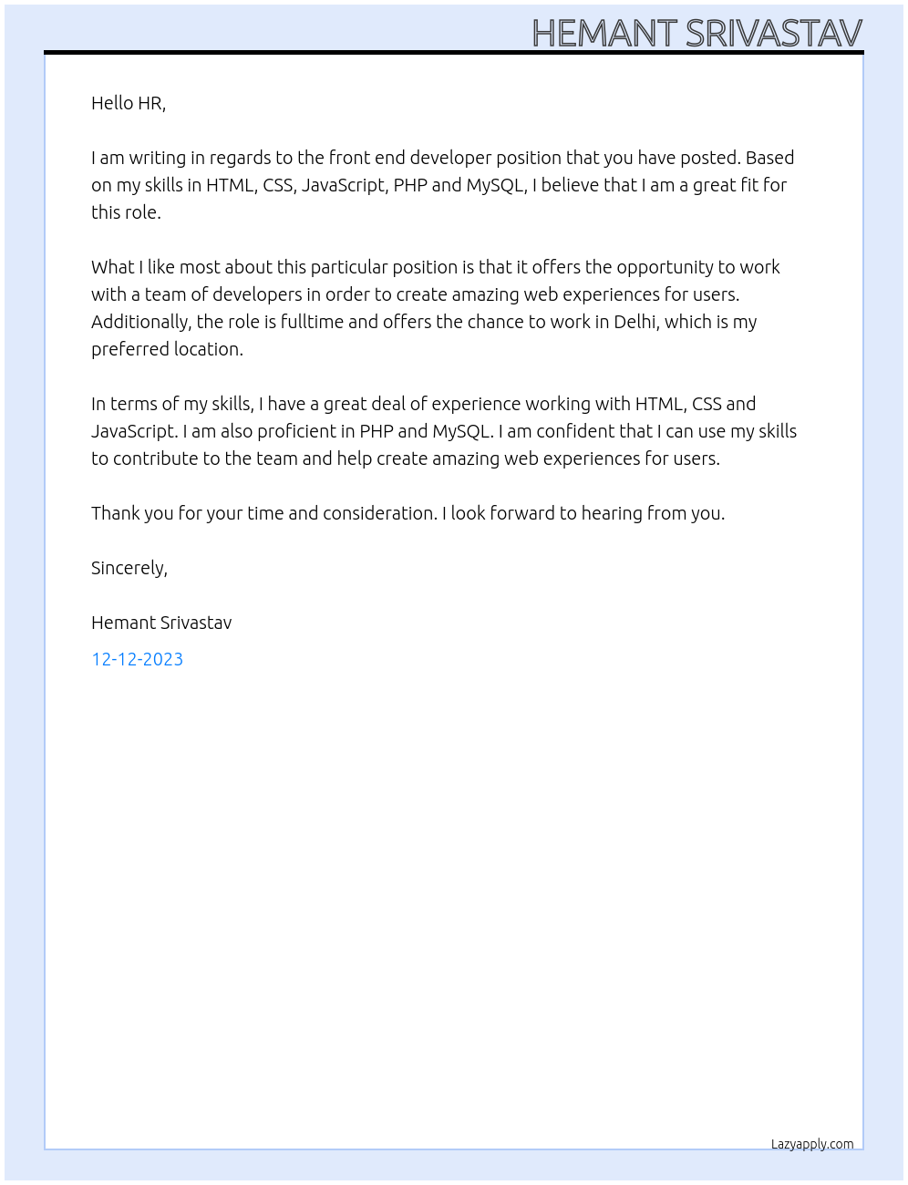 front end developer At NA Cover Letter