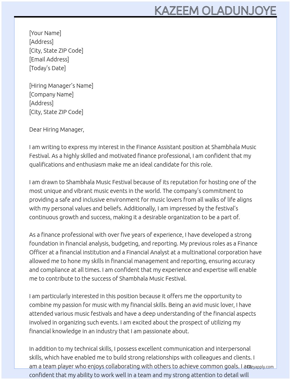 finance assistance At Shambhala Music Festival Cover Letter