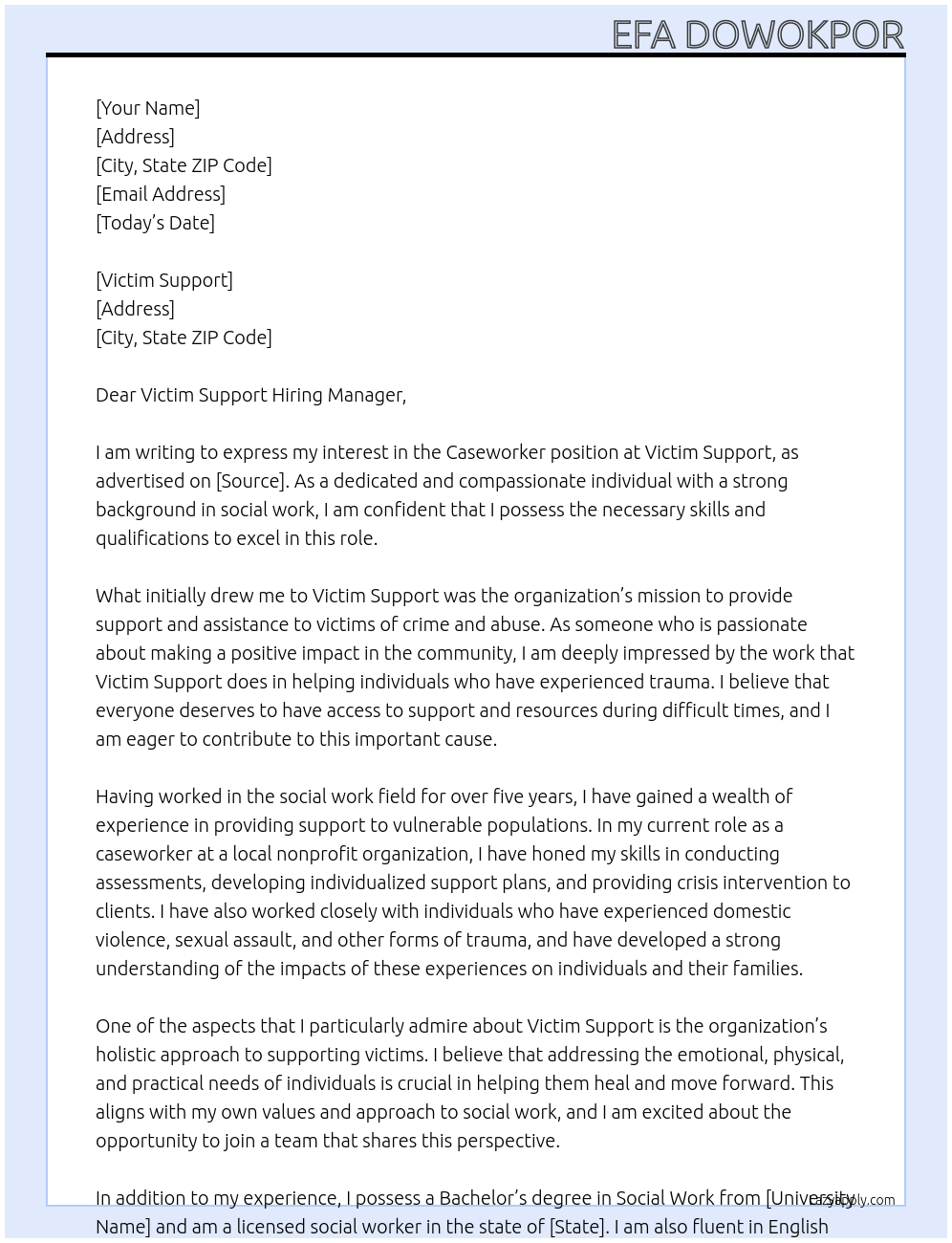 caseworker At victim support Cover Letter