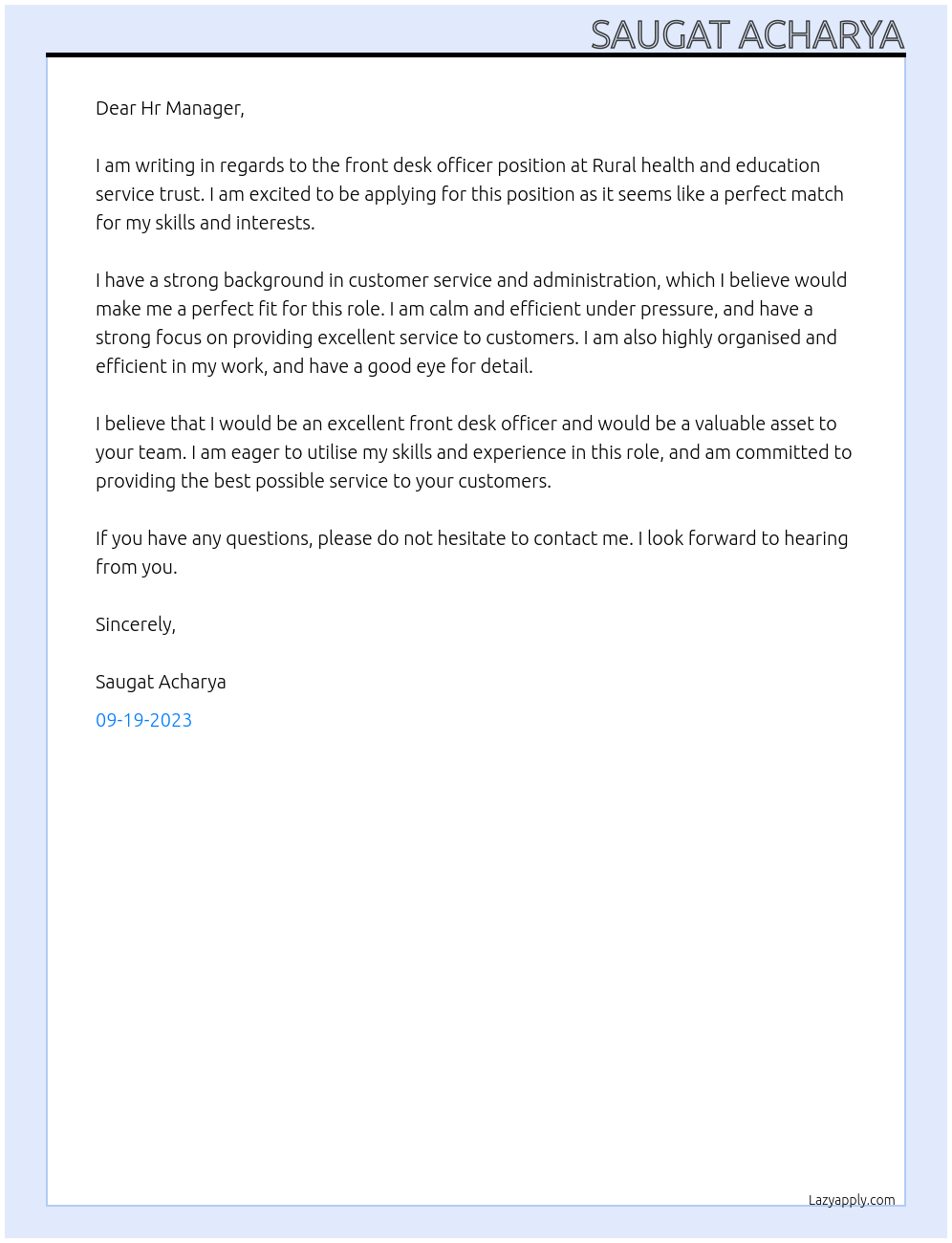 Front desk officer At Rural health and education service trust Cover Letter