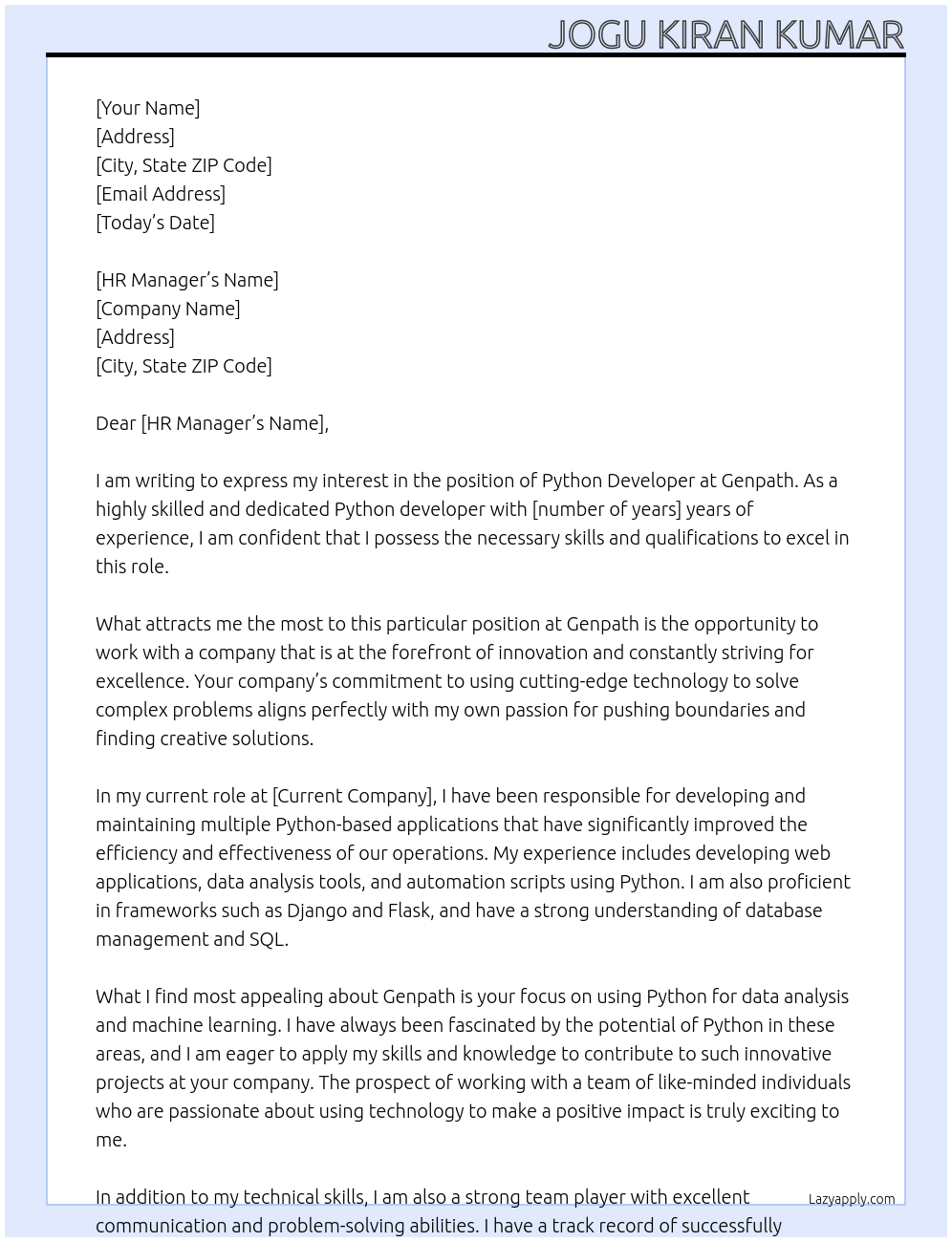 Python developer At Genpath Cover Letter
