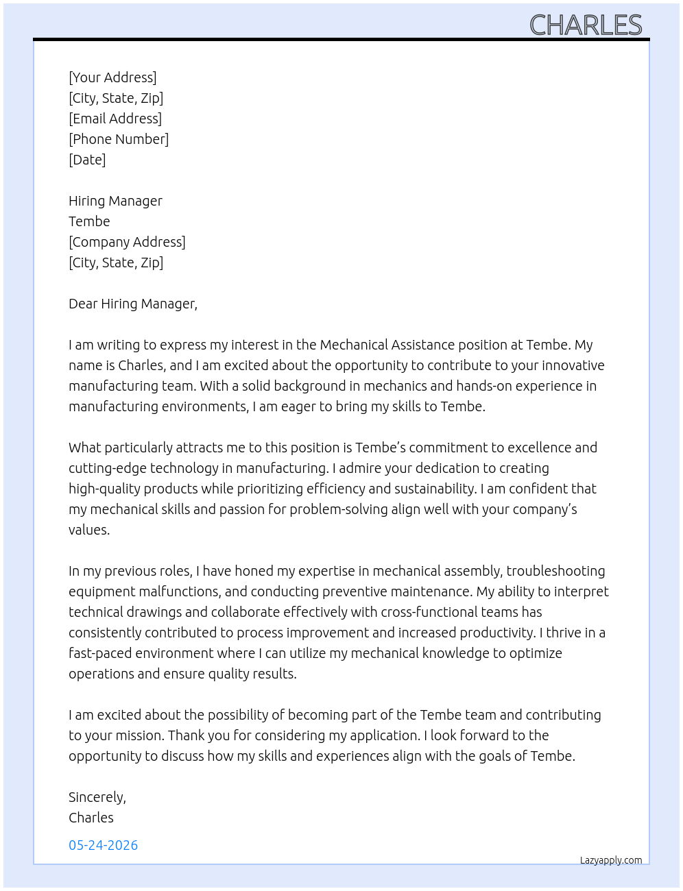 Mechanical assistance  At Tembe  Cover Letter