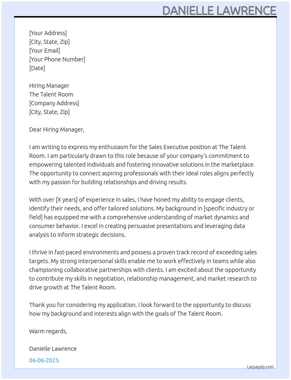 Sales Executive At The talent room Cover Letter