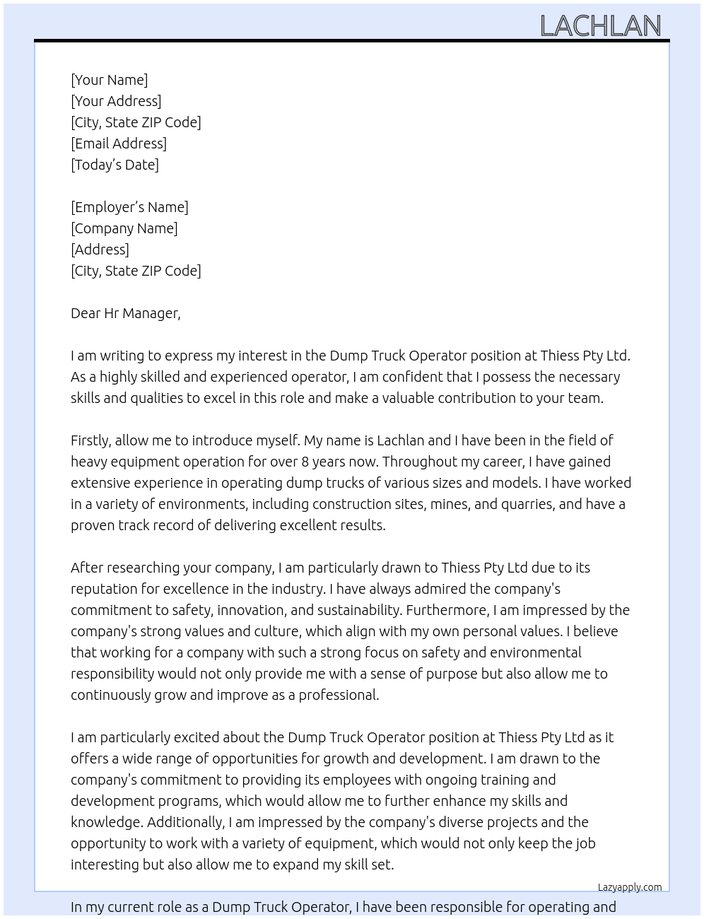 Dump truck operator At Thiess Pty Ltd Cover Letter