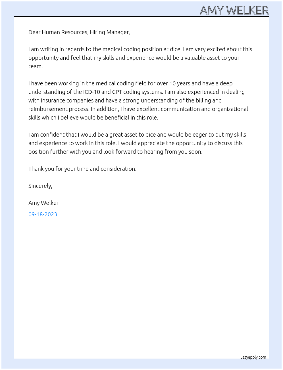 medical coding At dice Cover Letter