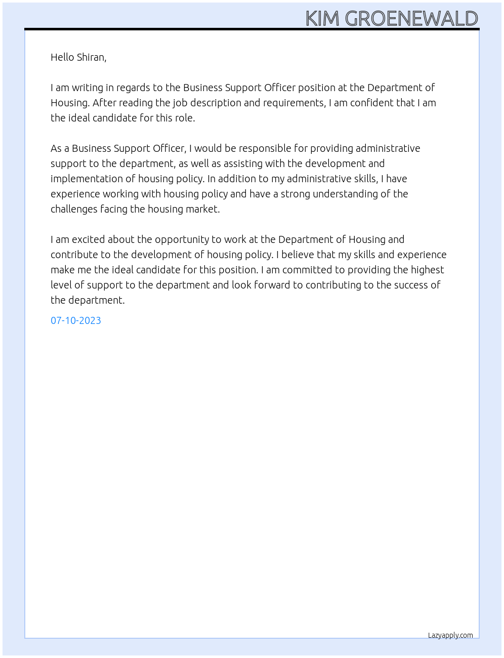 Business Support Officer At Department of Housing Cover Letter