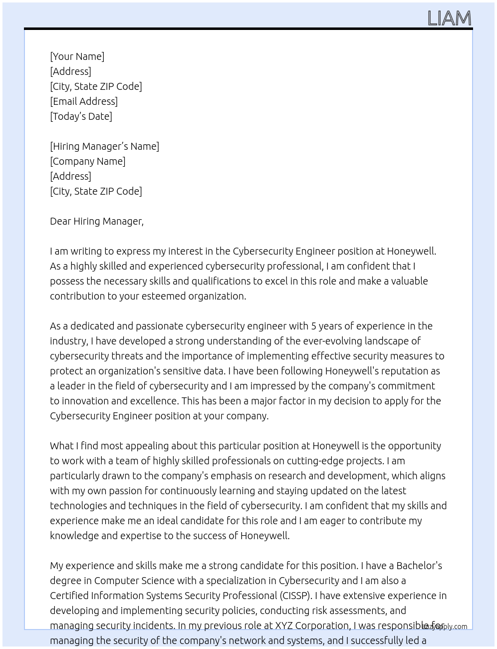 Cybersecurity Engineer At Honeywell Cover Letter