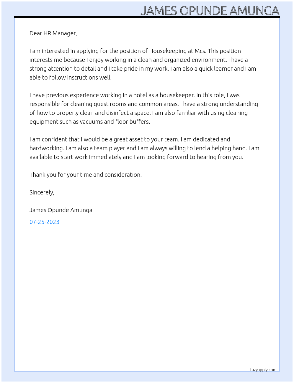 Housekeeping At Mcs Cover Letter