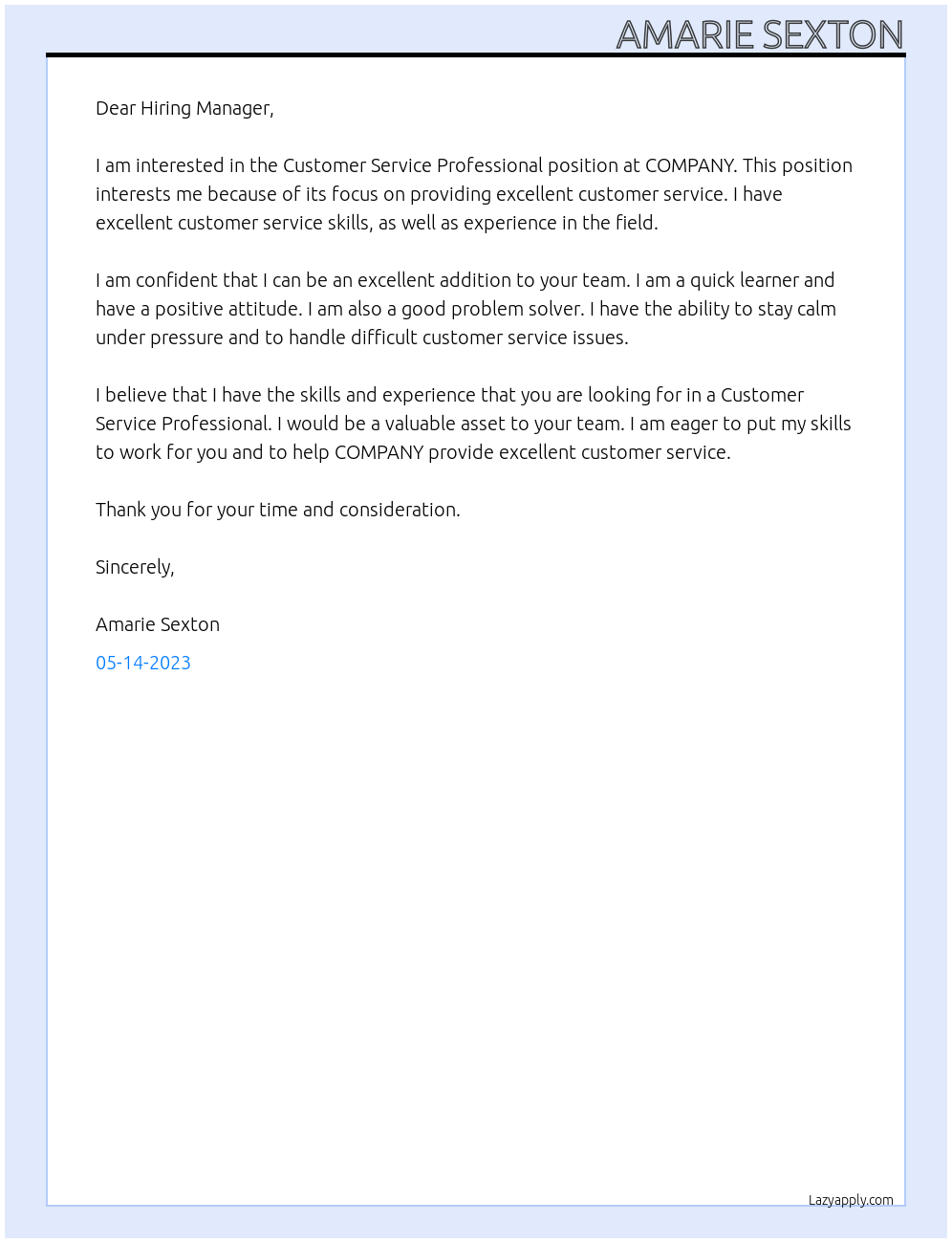 Customer Service Professional At COMPANY Cover Letter