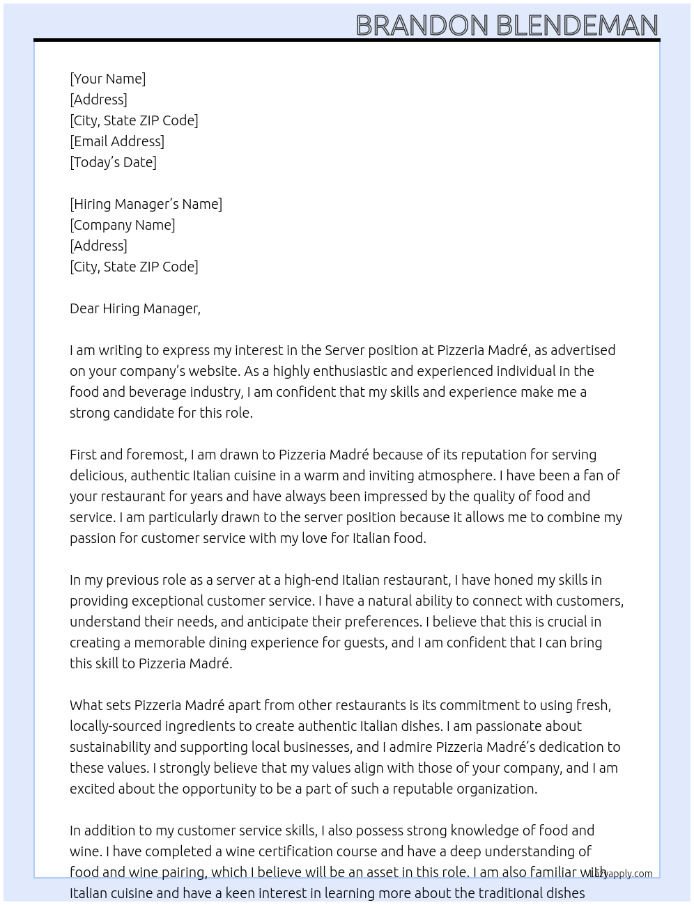 Server At Pizzeria Madré Cover Letter