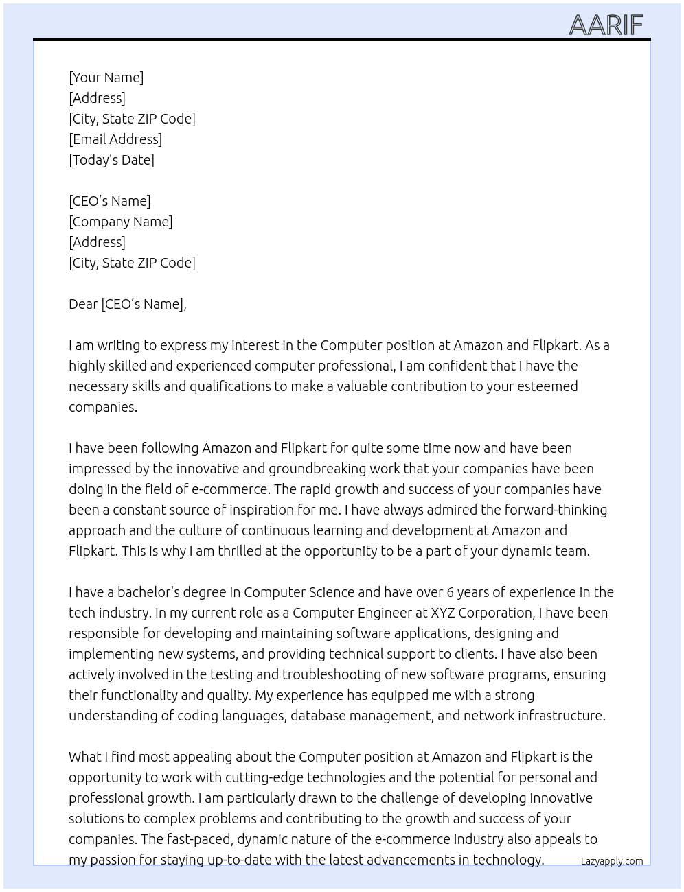 Computer  At Amazon and Flipkart  Cover Letter