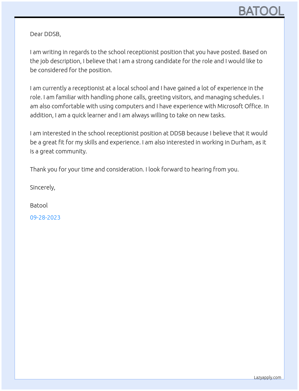 school receptionist At DDSB Cover Letter