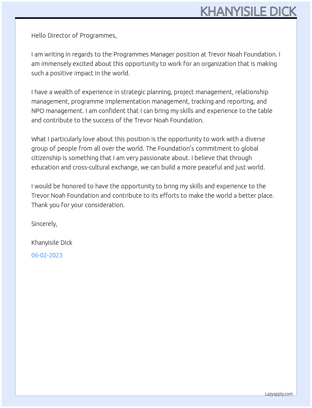  Programmes Manager At Trevor Noah Foundation Cover Letter