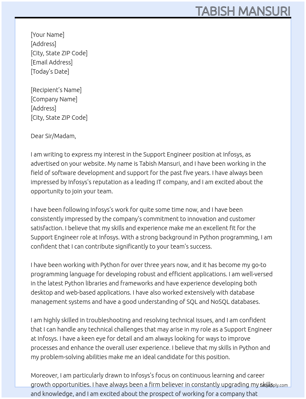 support engineer At Infosys Cover Letter