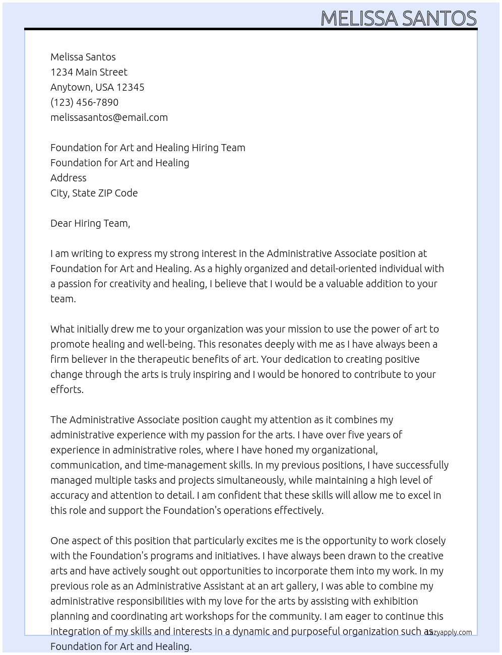 Administrative Associate At Foundation for Art and Healing Cover Letter
