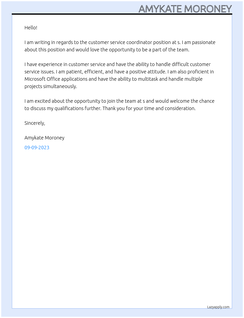 customer service coordinator At s Cover Letter