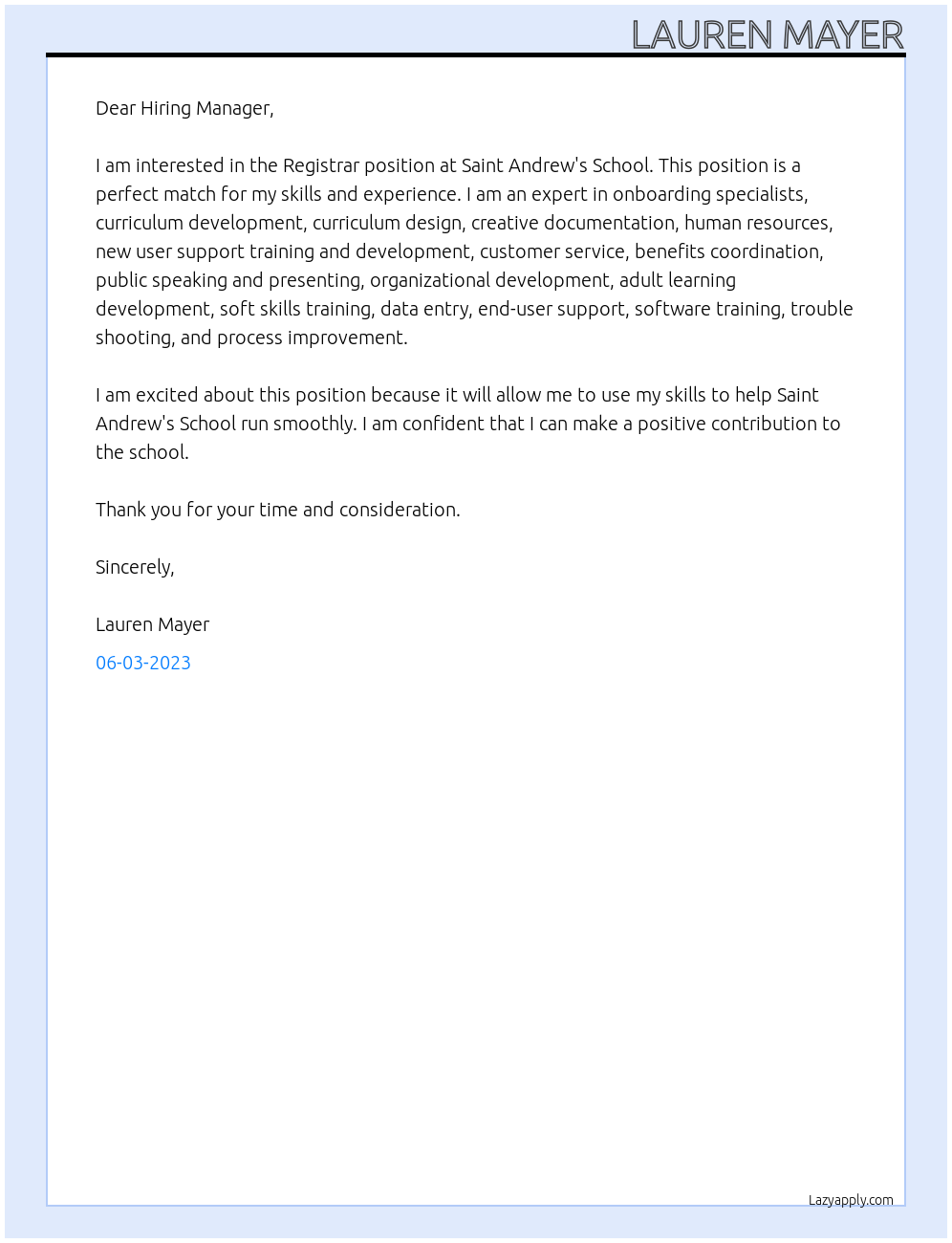 Registrar At Saint Andrew's School Cover Letter