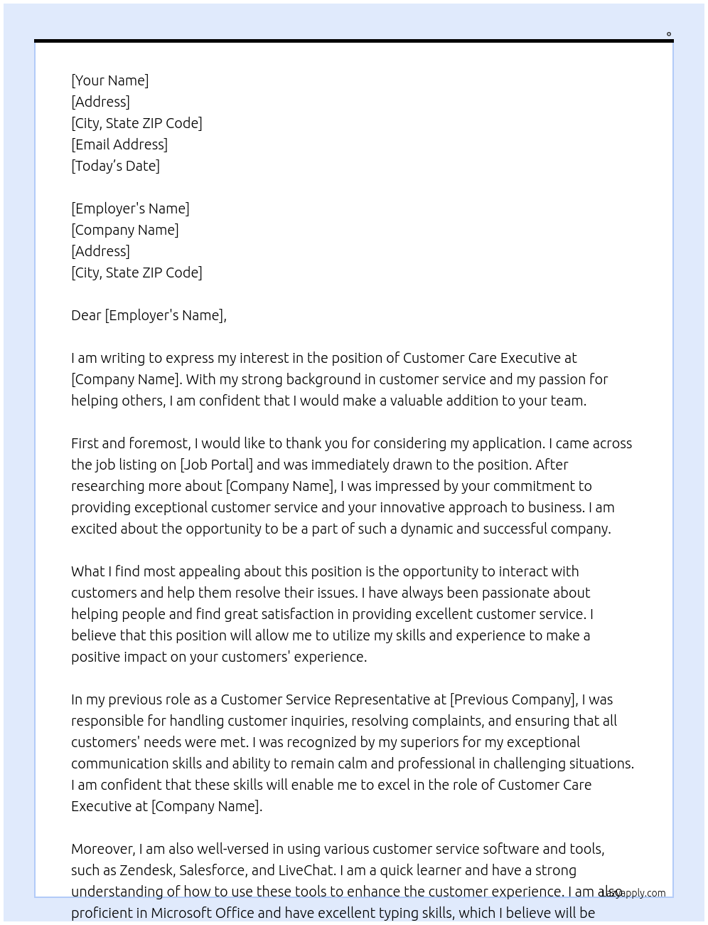 Customer Care Executive At . Cover Letter