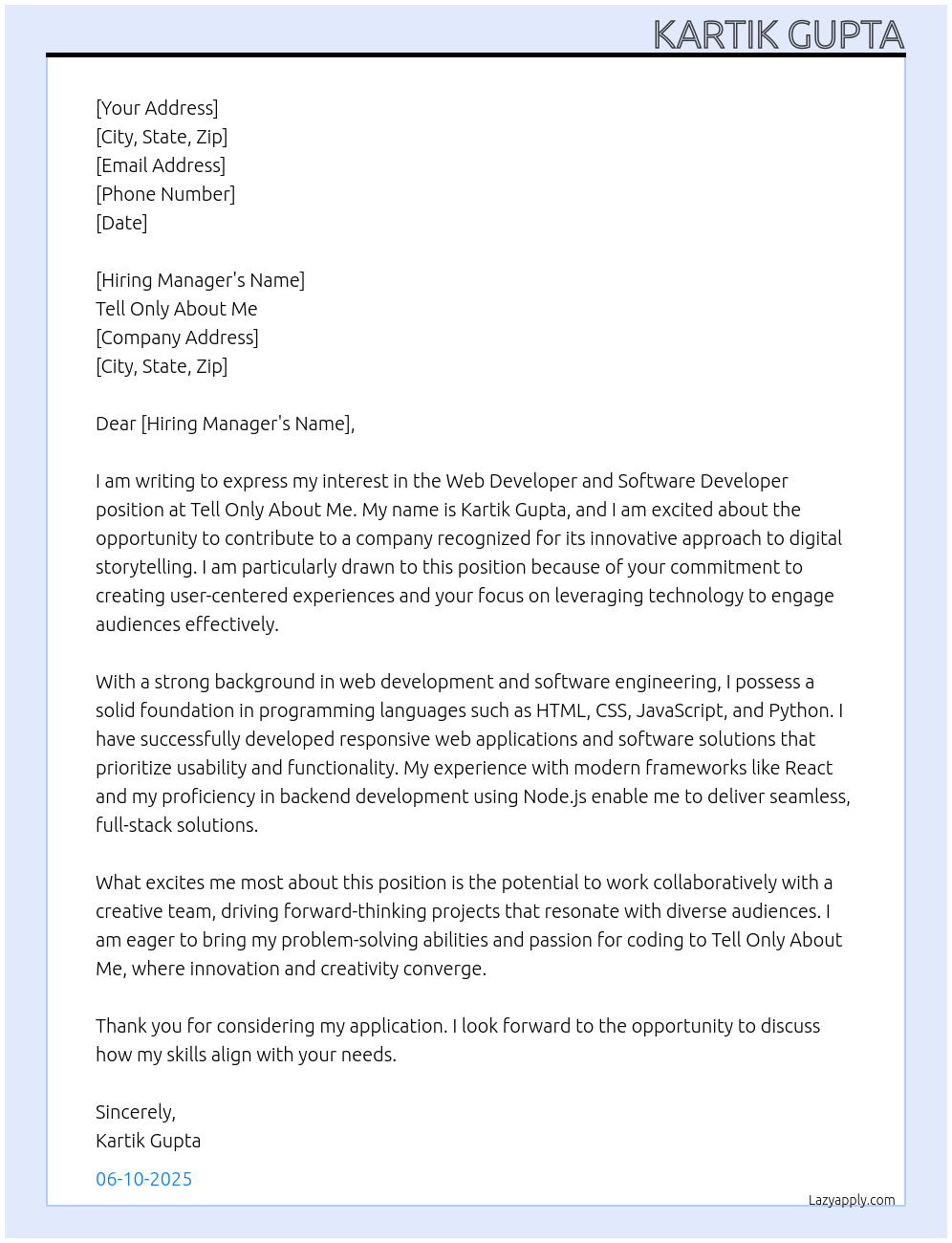 Cover letter for we developer and software developer - LazyApply