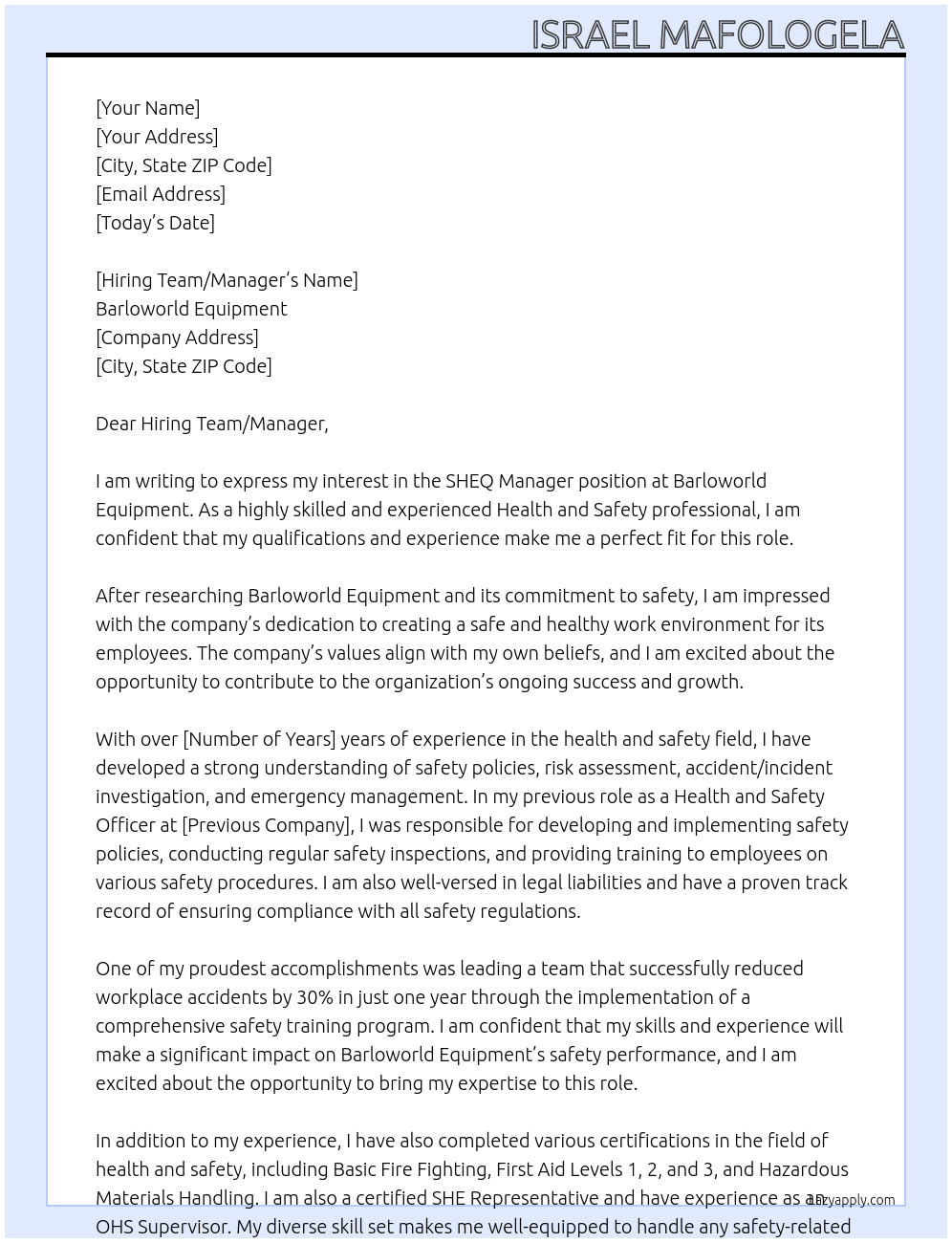 Cover letter for sheq manager - LazyApply