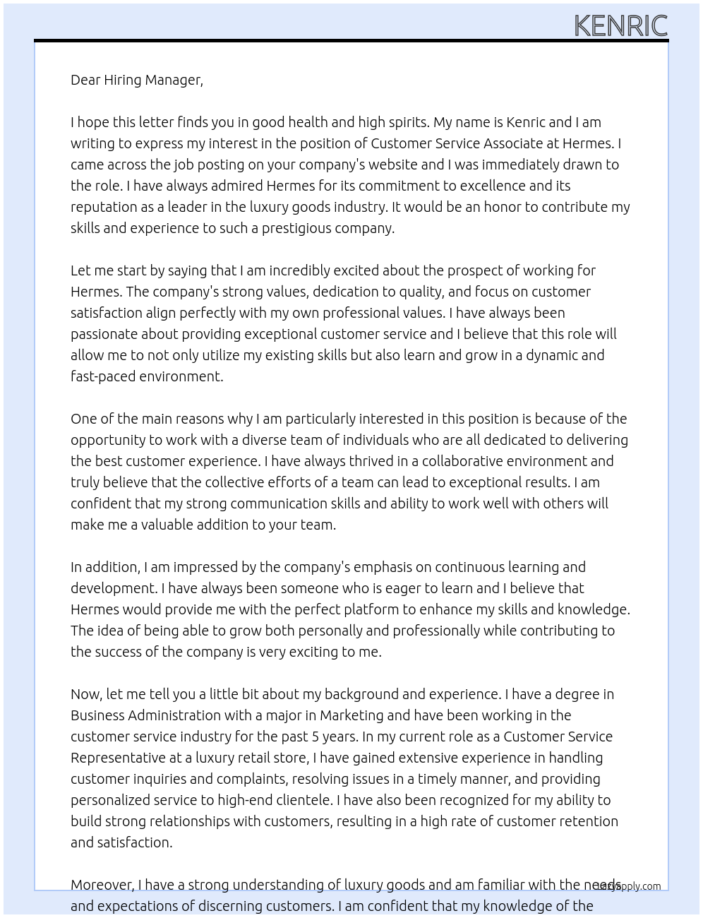 Customer Service Associate At Hermes Cover Letter