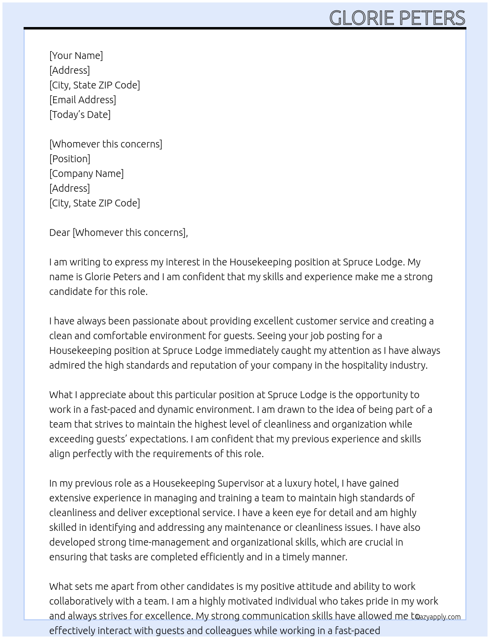 Housekeeping At Spruce Lodge Cover Letter