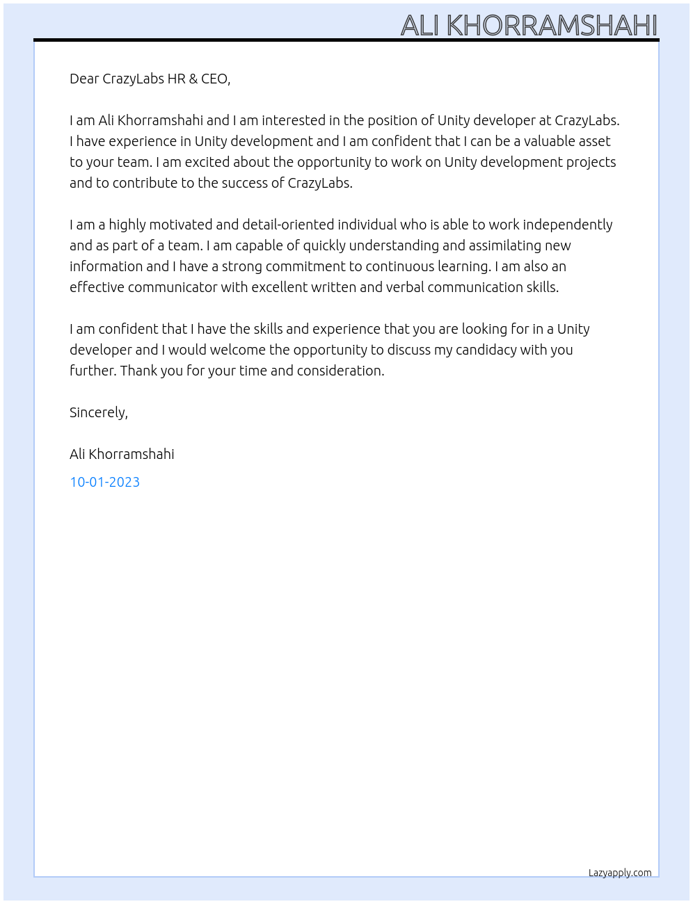 Unity developer At CrazyLabs Cover Letter
