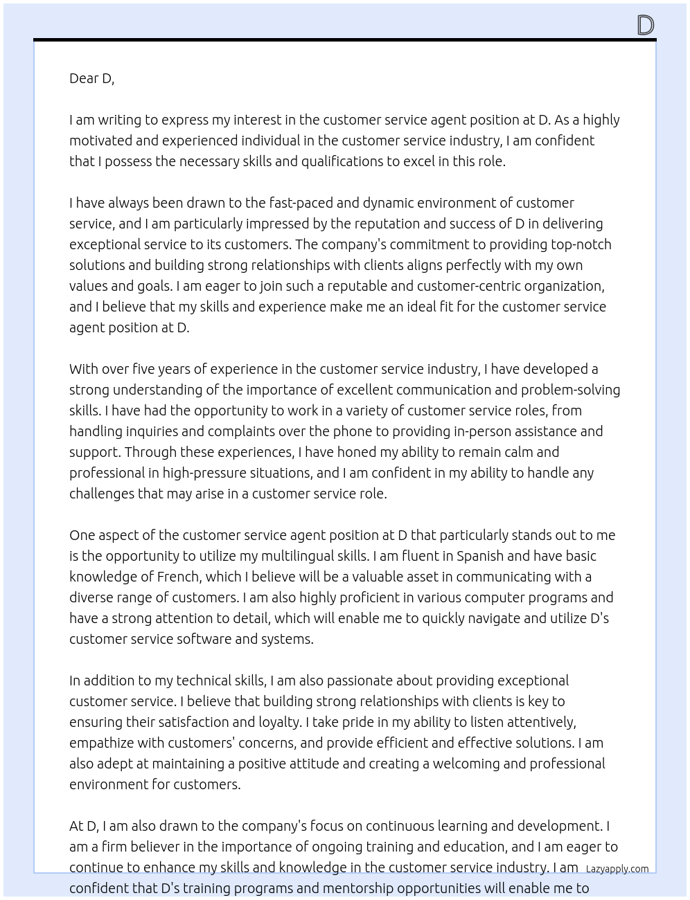 customer service agent At D Cover Letter