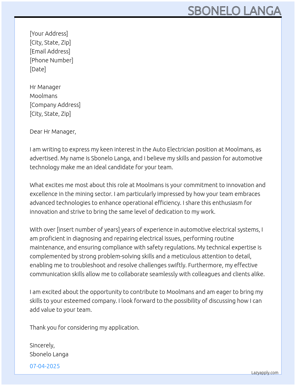 Auto Electrician  At Moolmans Cover Letter