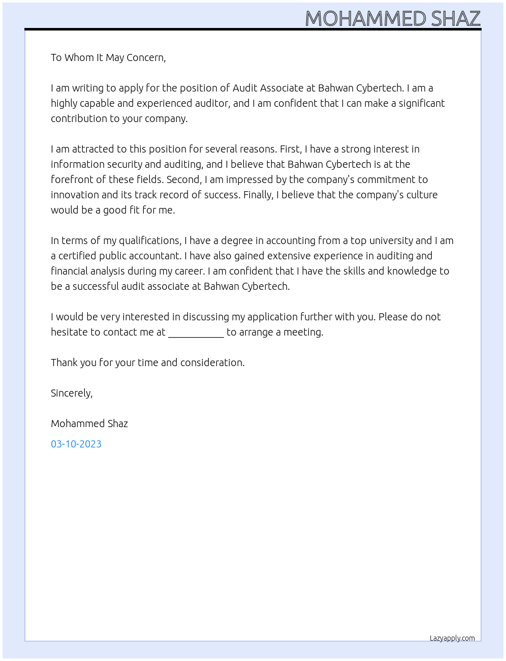 Audit associate At BAHWAN CYBERTECH Cover Letter