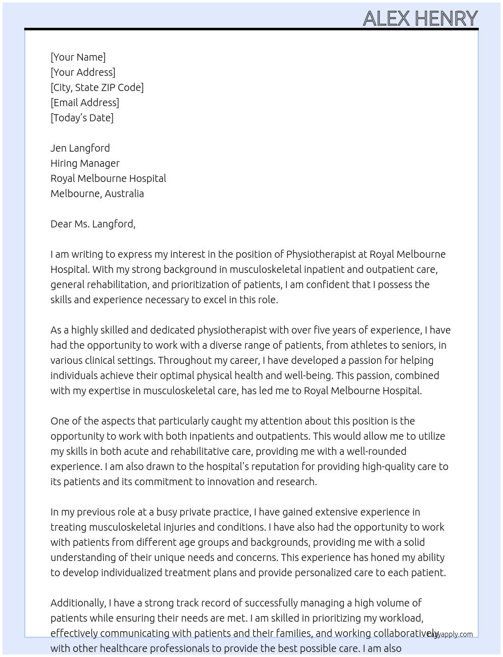 physiotherapist At Royal Melbourne Hospital Cover Letter