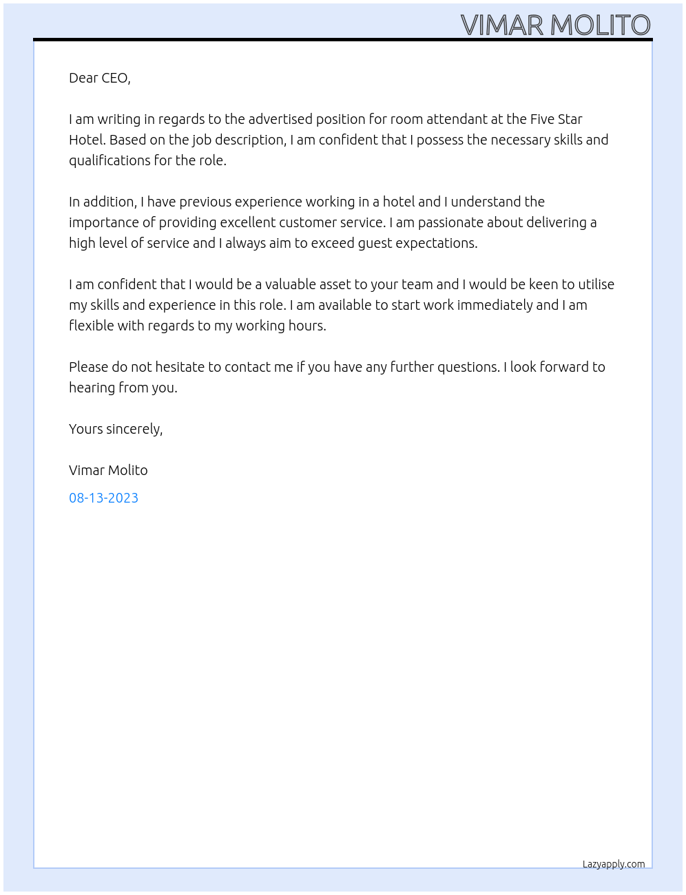 Room Attendant  At Five star hotel Cover Letter