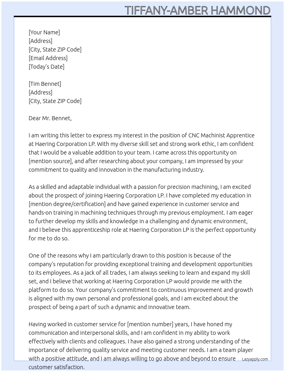 Cover letter for cnc machinist apprentice - LazyApply