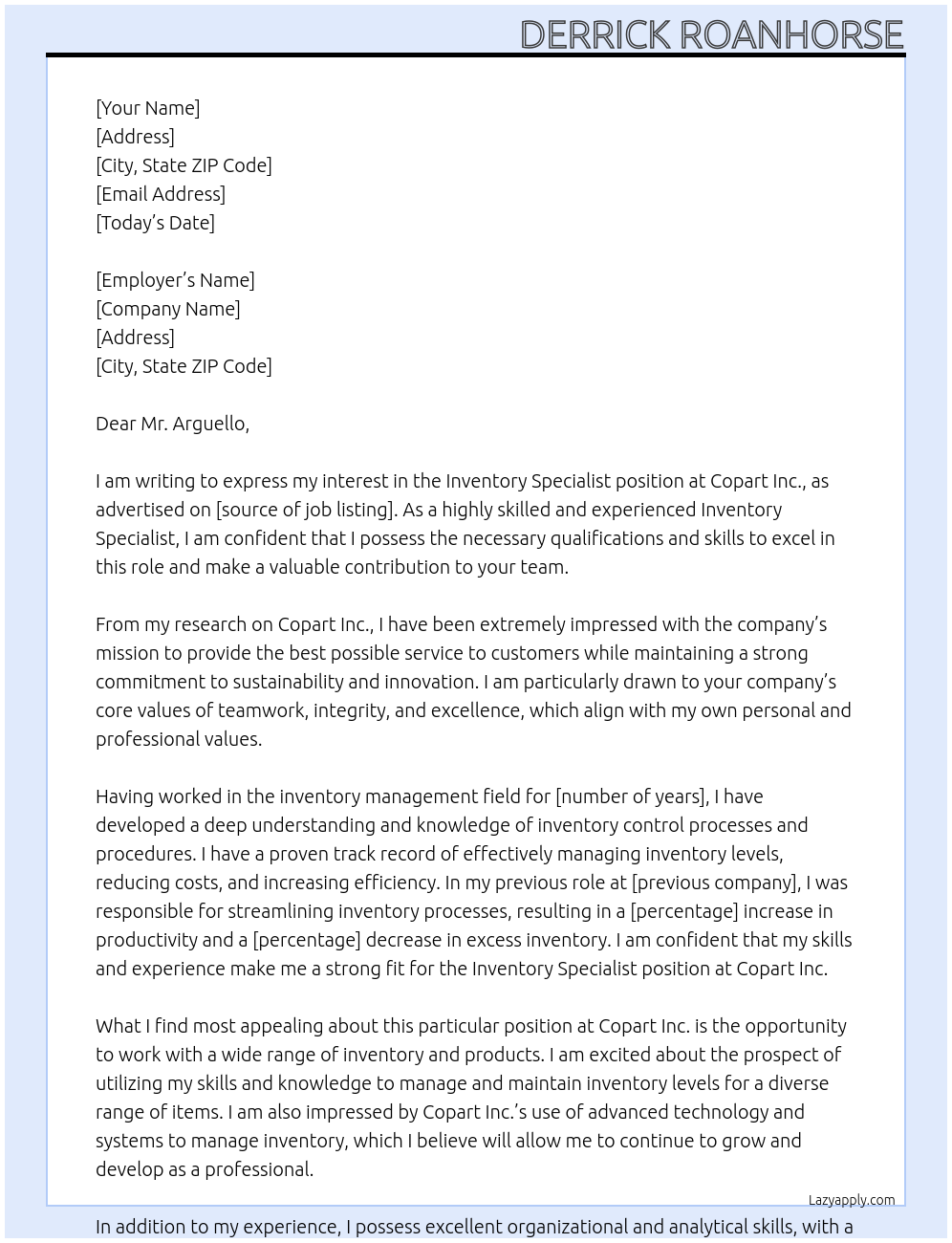 Inventory Specialist At Copart Inc. Cover Letter