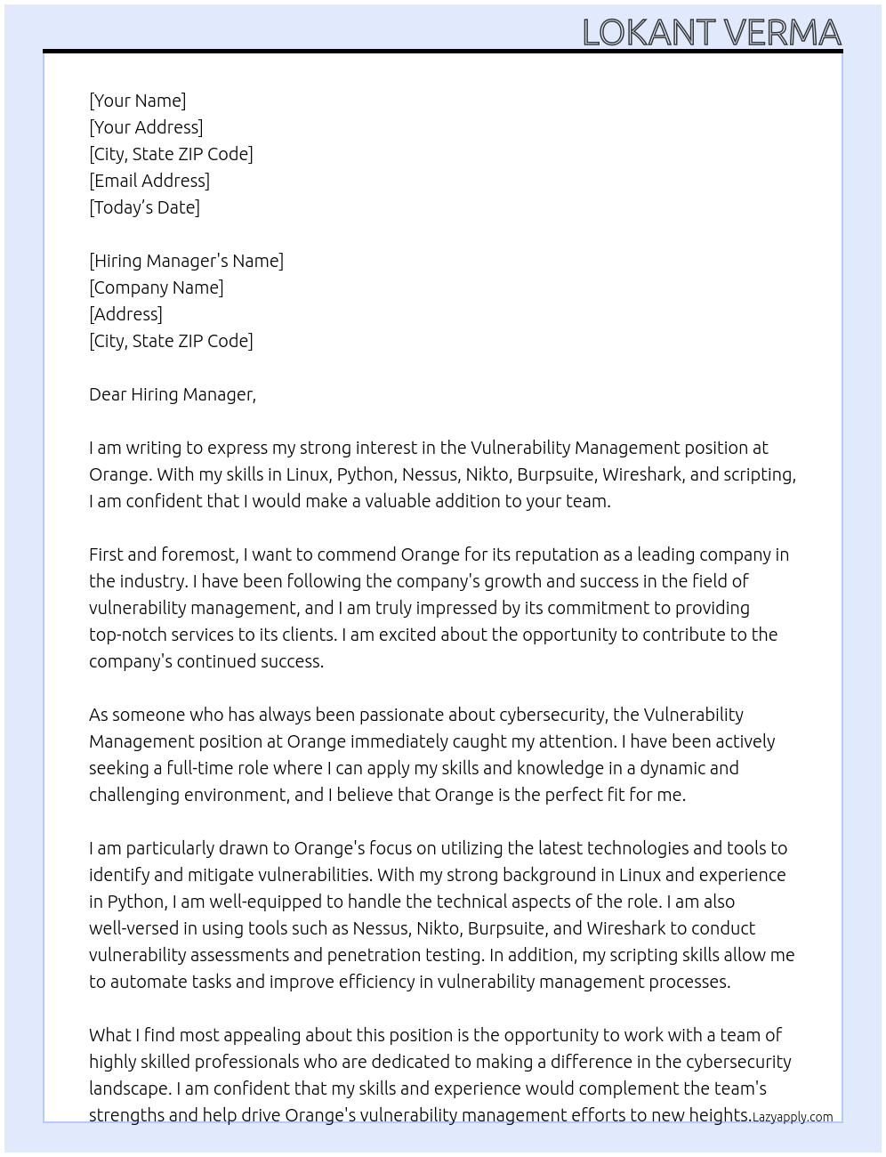 Vulnerability Management At Orange Cover Letter