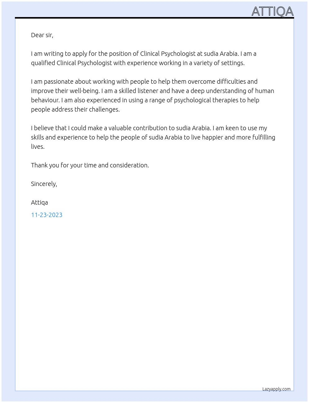 Clinical Psychologist At sudia Arabia  Cover Letter