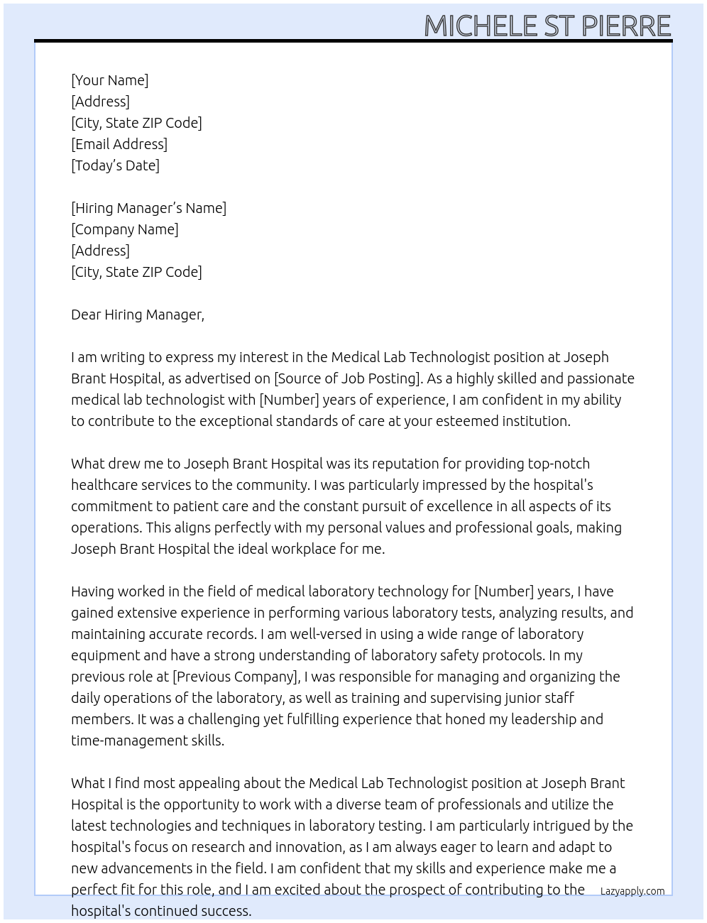 Medical Lab Technologist At Joseph Brant Hospital Cover Letter