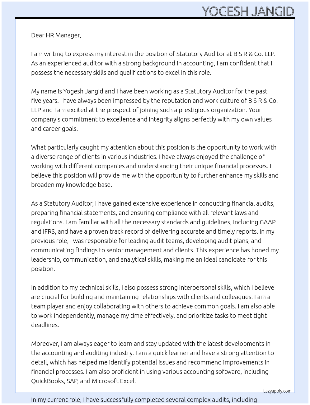 Statutory auditor At B S R & Co. LLP Cover Letter