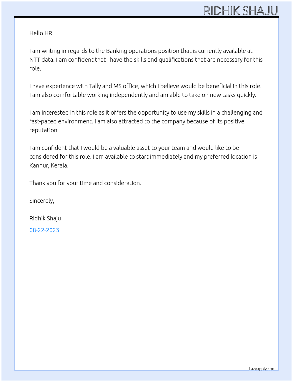 Banking operations At NTT data Cover Letter